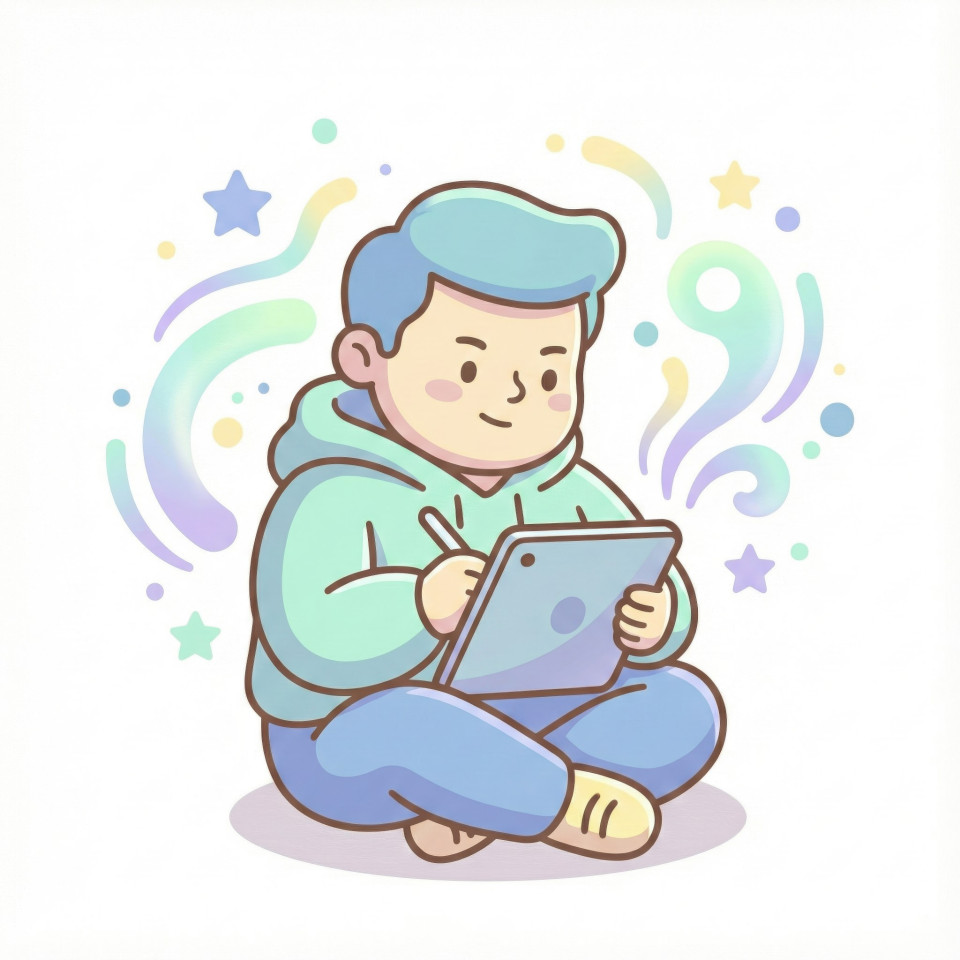 Focused graphic designer sitting with tablet in pastel soft vector style google gemini prompt