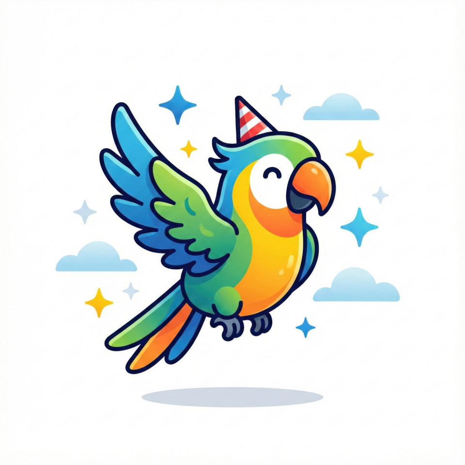 Cheerful parrot flying with tiny hat in bold colorful vector style google gemini prompt
