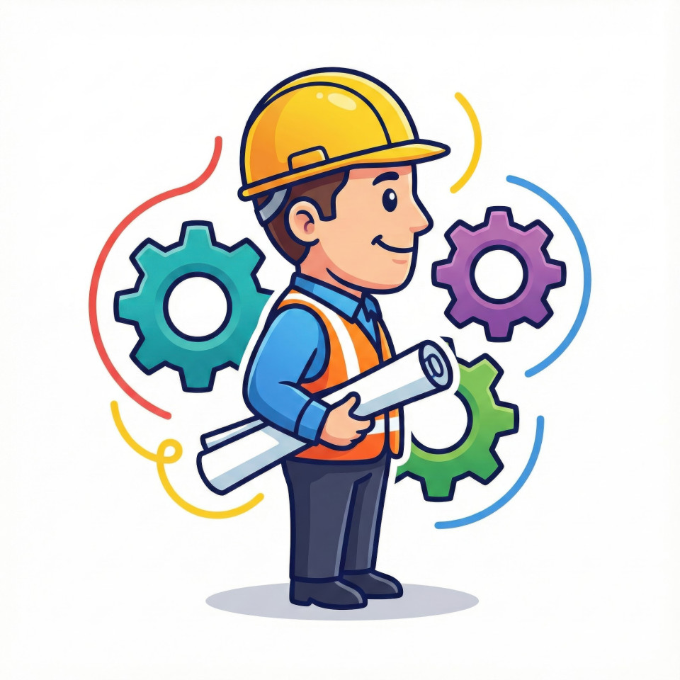 Confident engineer standing with helmet surrounded by gears in bold vector google gemini prompt