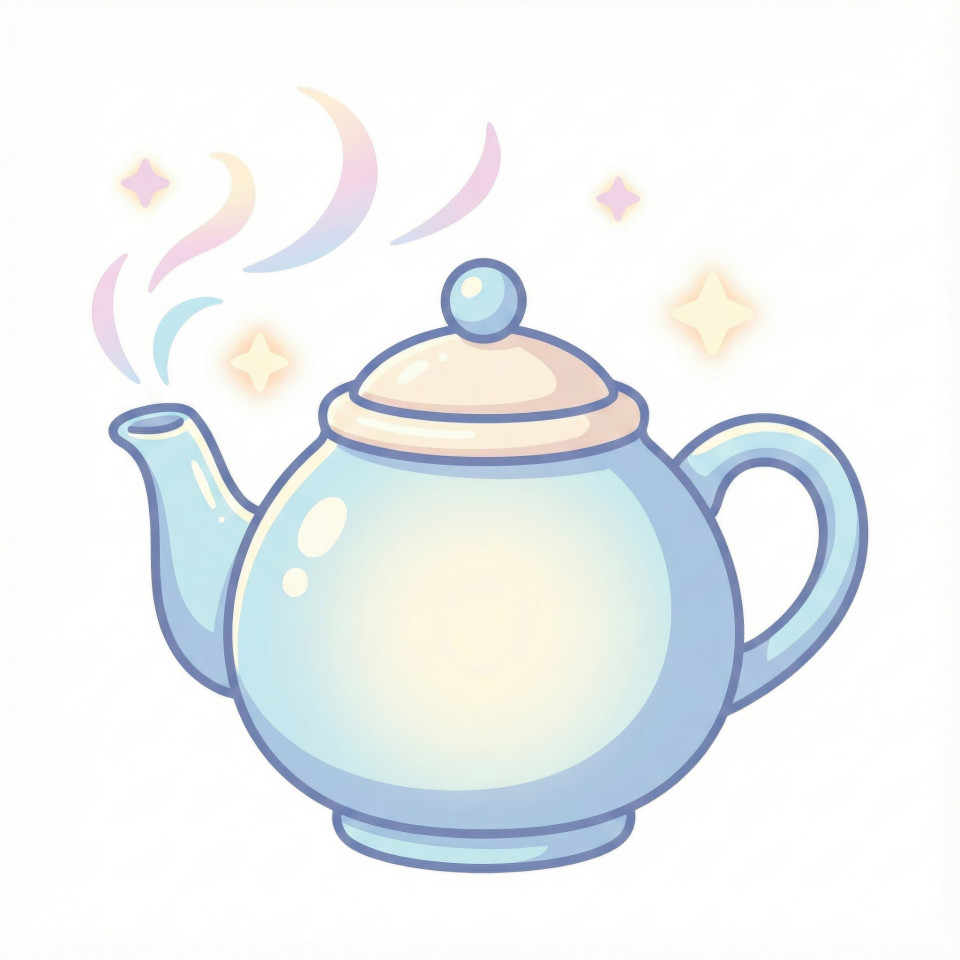 Pastel tea kettle with stars and curved steam shapes google gemini prompt