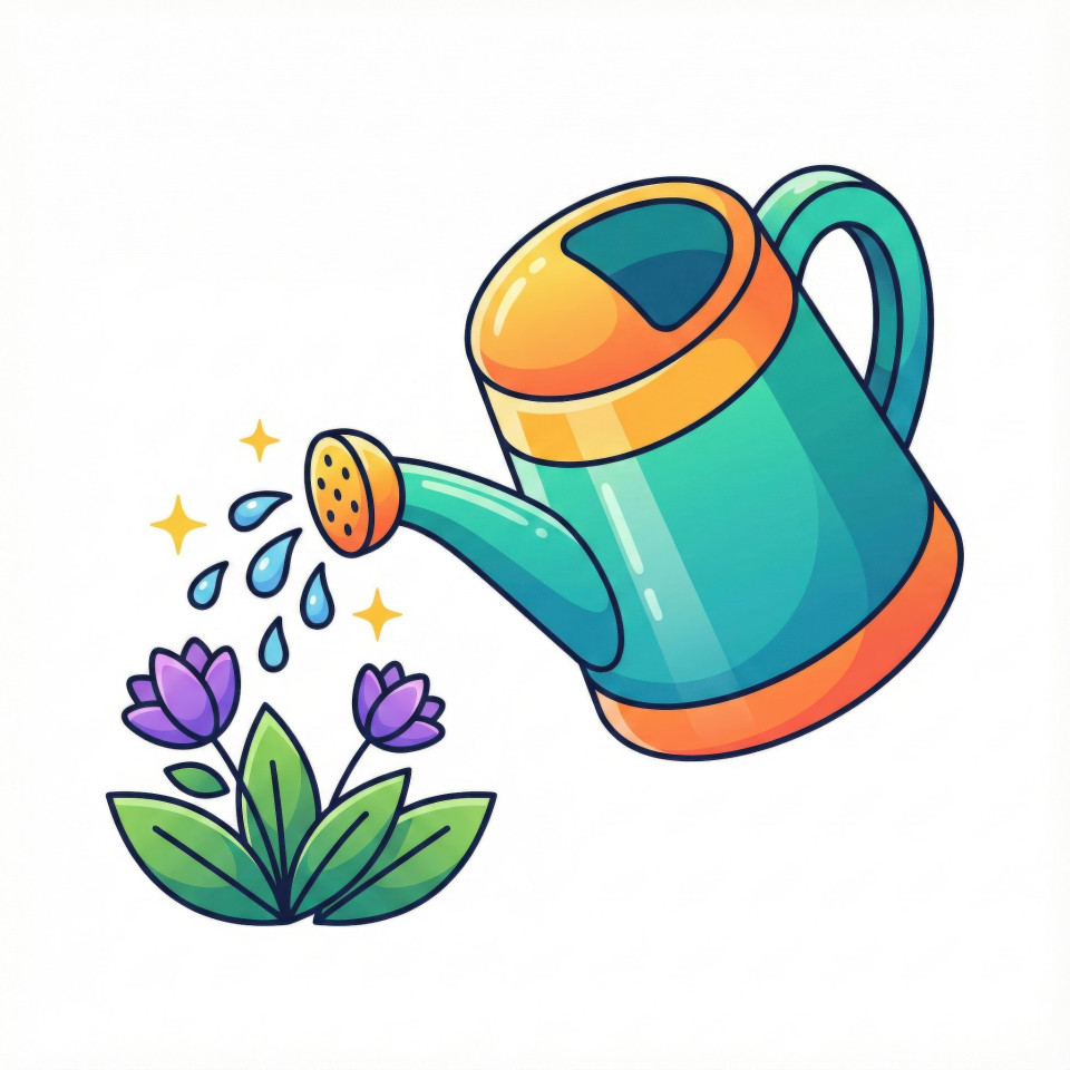 Bold colorful watering can pouring with starbursts and droplets google gemini prompt