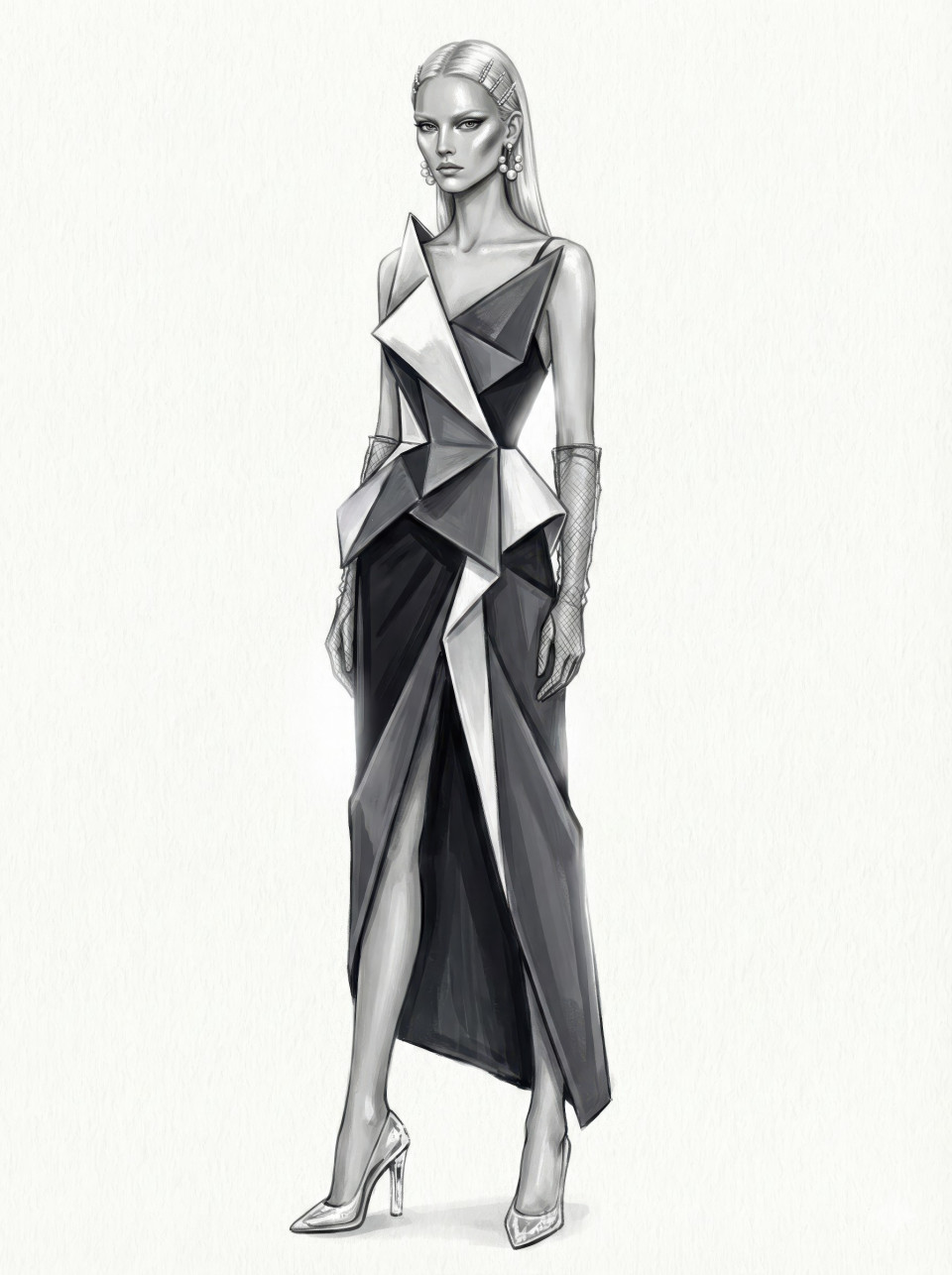 Couture runway model in avant-garde gown illustration, character design google gemini prompt