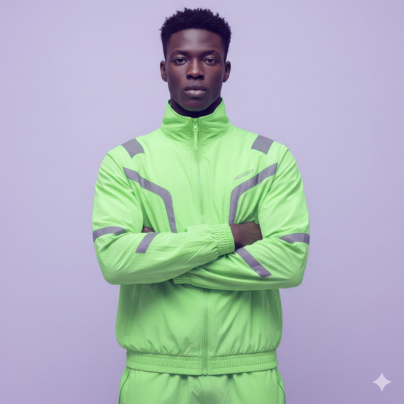 Afro-caribbean man in neon track jacket on lilac pastel studio google gemini fashion product model prompt