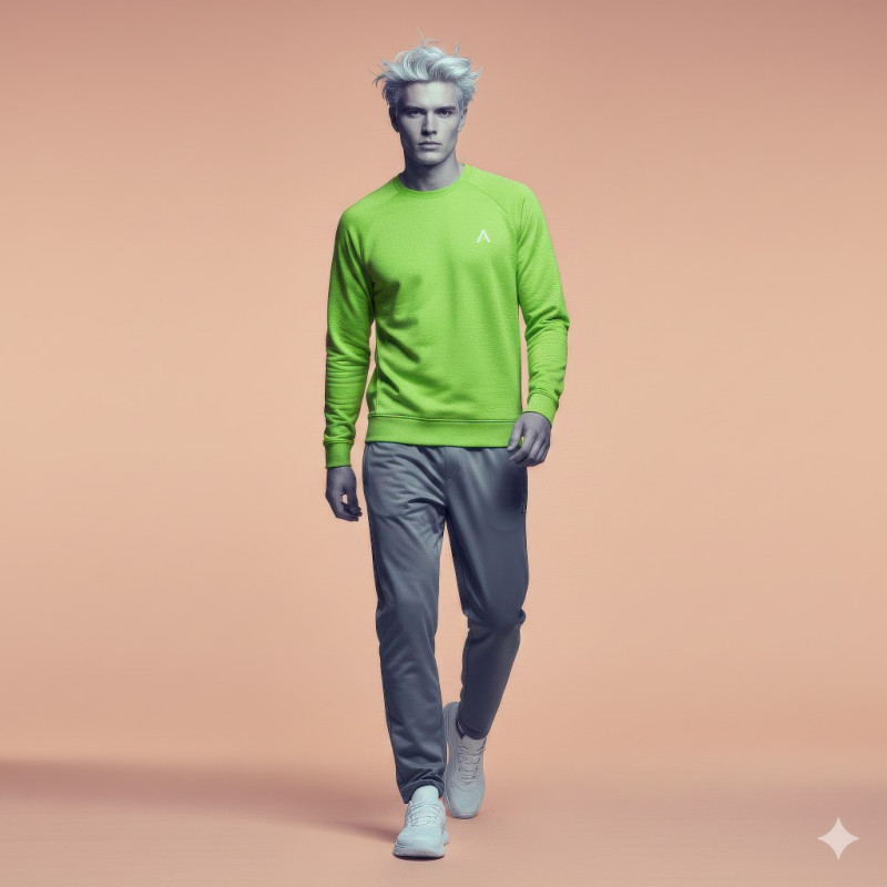 Scandinavian man walking in lime athletic sweatshirt on peach backdrop google gemini fashion product model prompt
