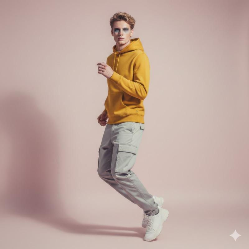Scandinavian man in mustard hoodie mid-stride on rose background google gemini fashion product model prompt