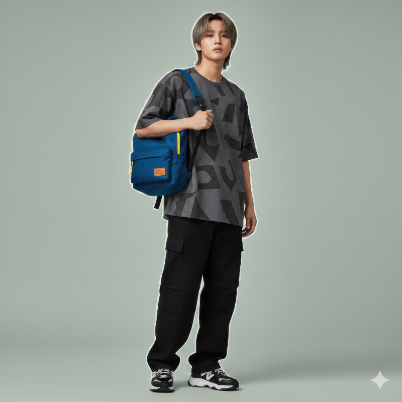 Korean man in charcoal graphic tee with backpack on pistachio backdrop google gemini fashion product model prompt