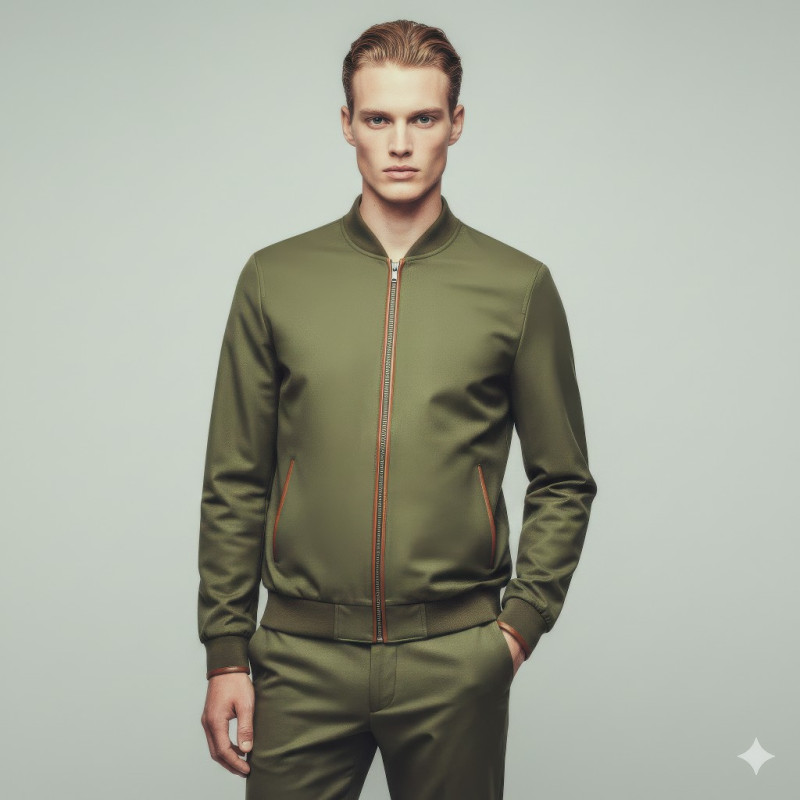 British man in olive zip jacket on cloud grey pastel studio google gemini fashion product model prompt