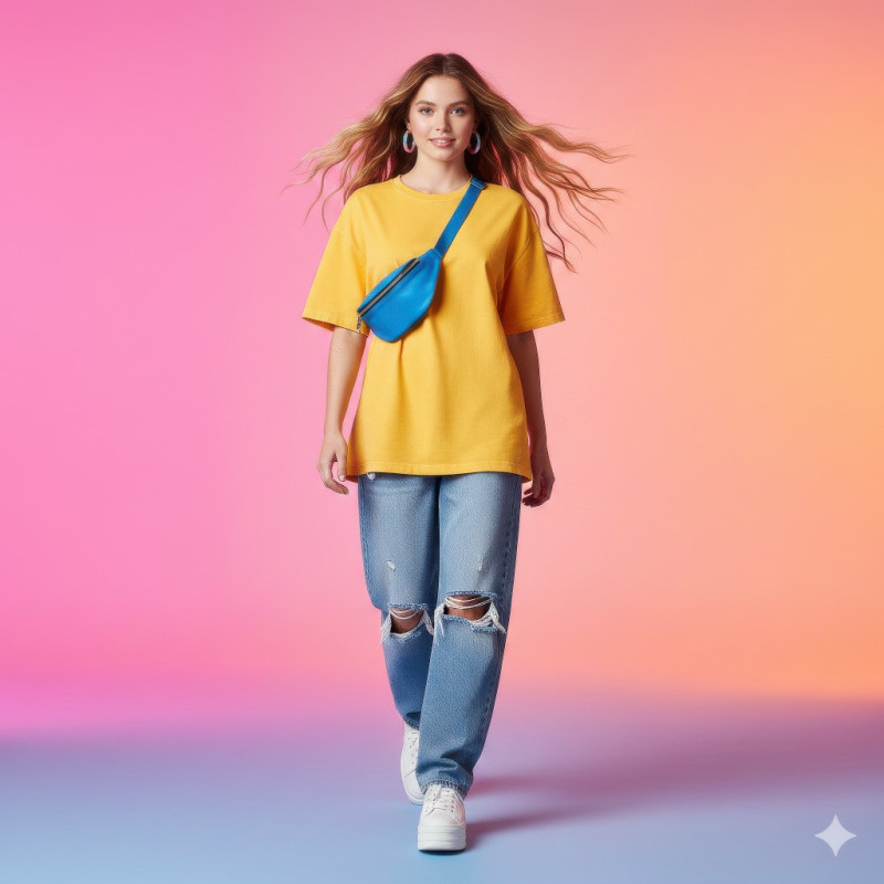 Caucasian girl in yellow oversized t shirt walking pose google gemini prompt for e-commerce product shot