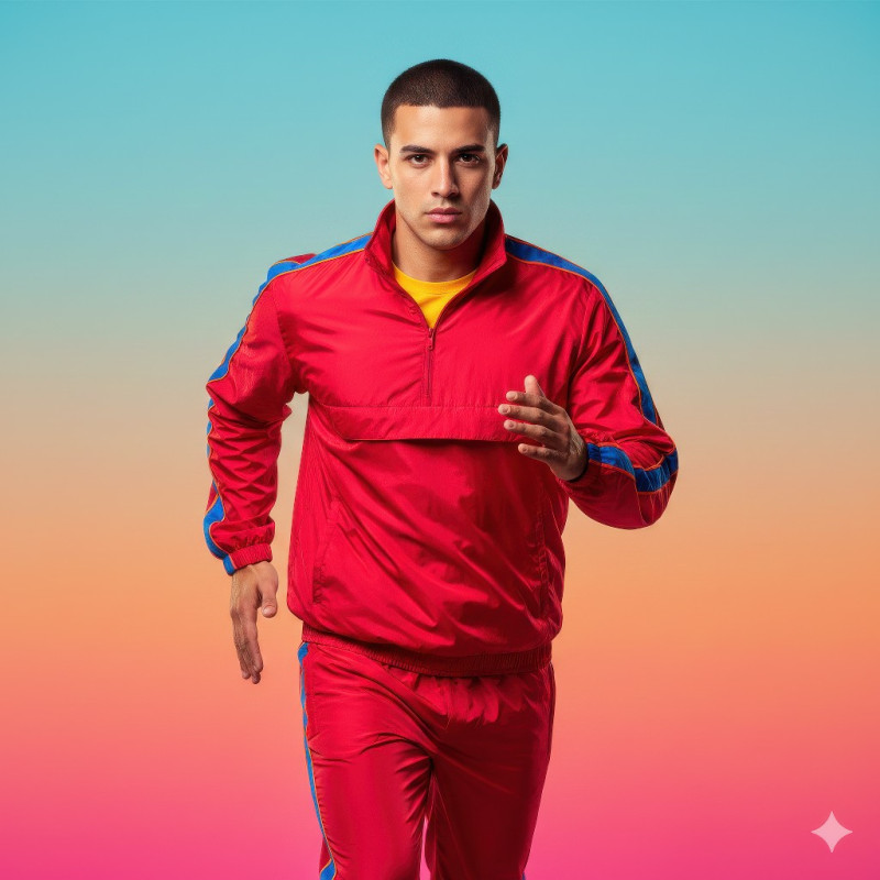 Latino man in red windbreaker running pose google gemini prompt for e-commerce product shot