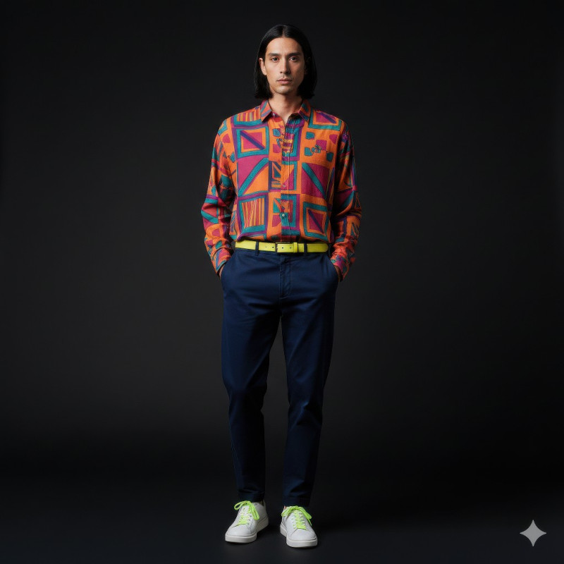 Hispanic man in navy tapered pants hands in pockets google gemini prompt for e-commerce product shot