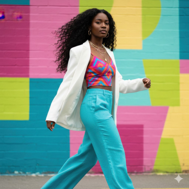 Black woman in turquoise wide leg pants mid walk google gemini prompt for e-commerce product shot