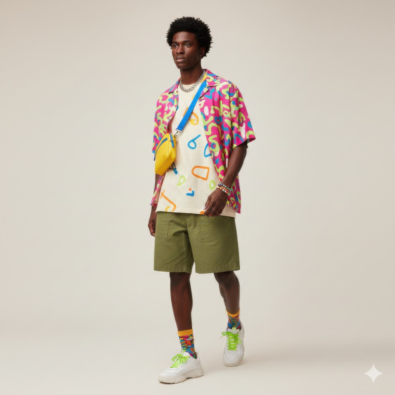 Black man in olive loose fit shorts walking pose google gemini prompt for e-commerce product shot