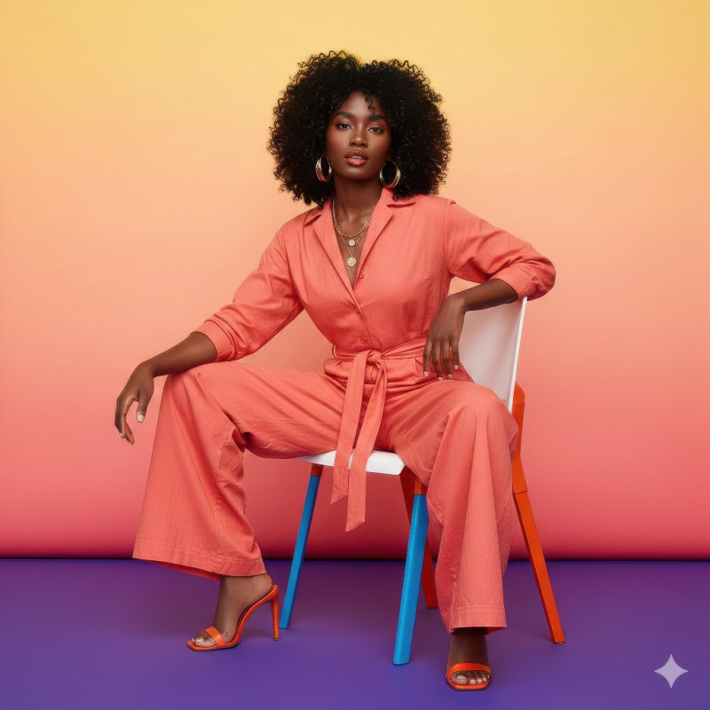 Black woman in coral cotton jumpsuit sitting pose google gemini prompt for e-commerce product shot