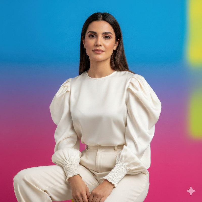 Middle eastern woman in white silk blouse sitting google gemini prompt for e-commerce product shot