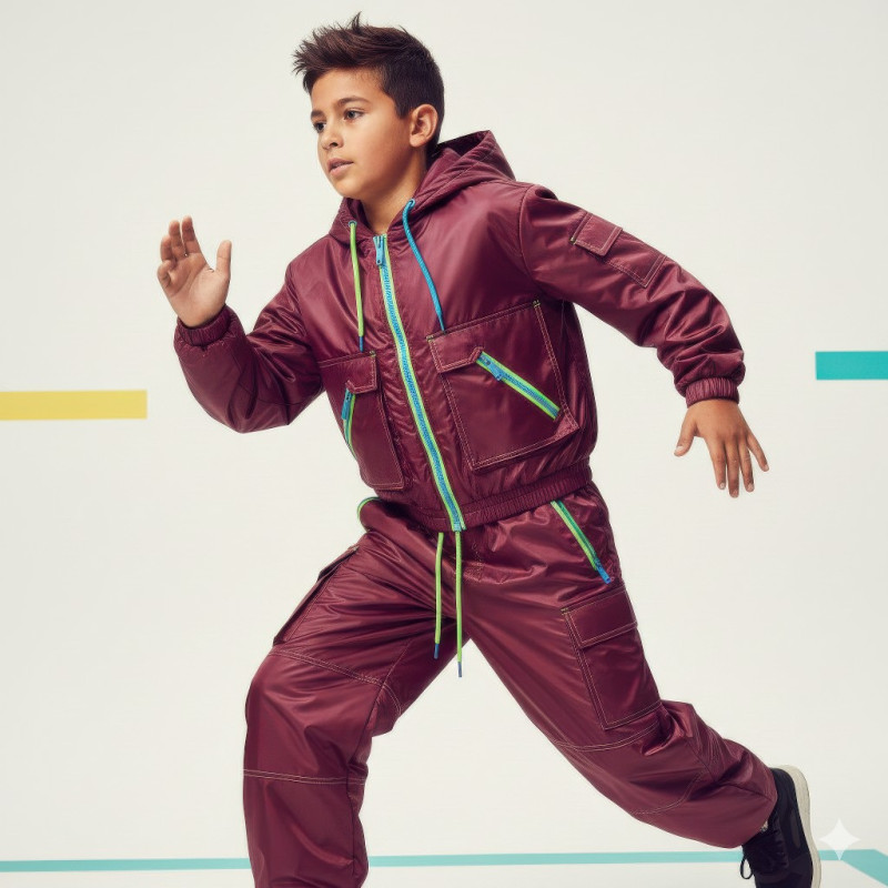 Hispanic boy in burgundy hoodie running pose google gemini prompt for e-commerce product shot