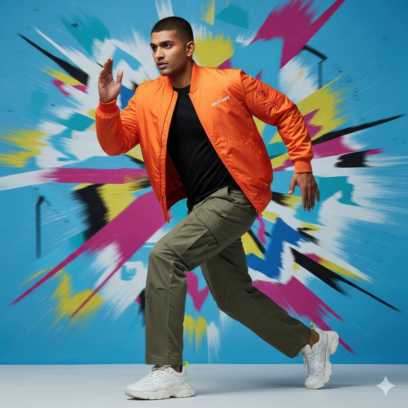 Indian man in orange bomber jacket running pose google gemini prompt for e-commerce product shot