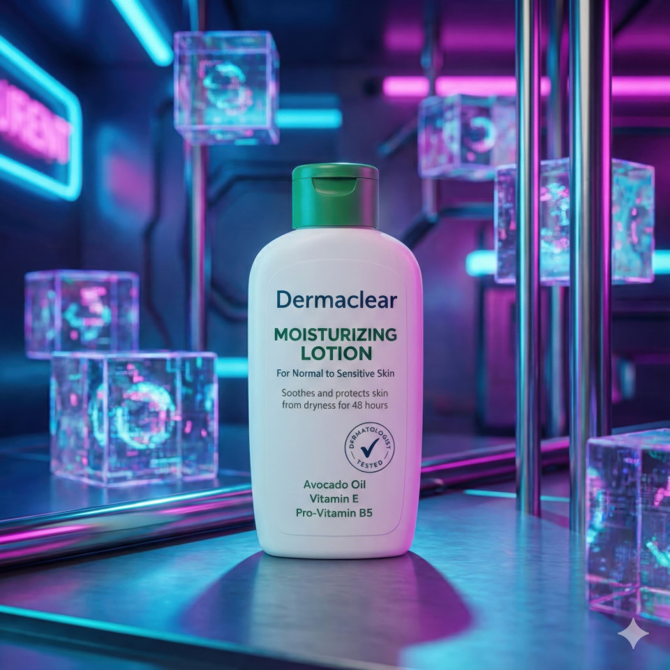 Futuristic skincare product in neon cyberpunk studio setting
