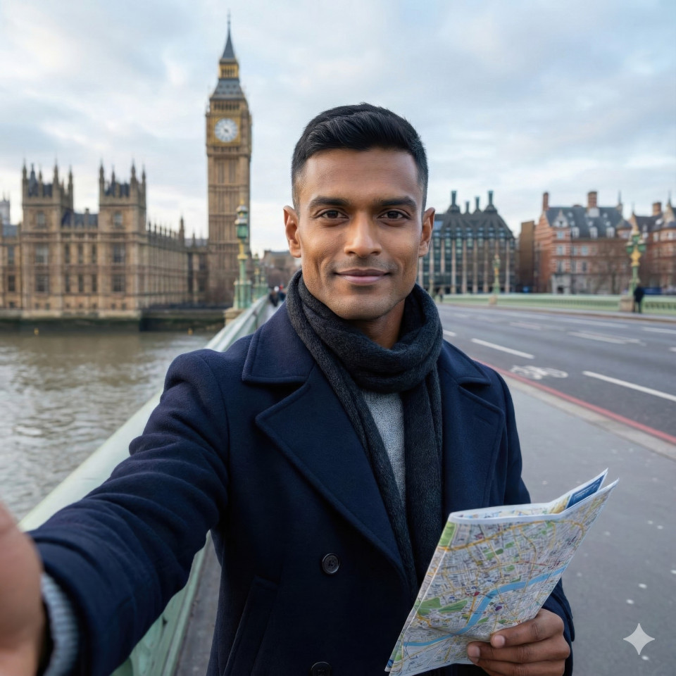 Casual traveler self portrait near westminster bridge london