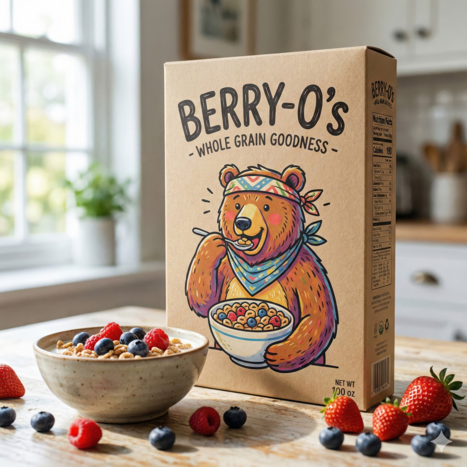 Eco friendly cereal box on breakfast table with fresh berries