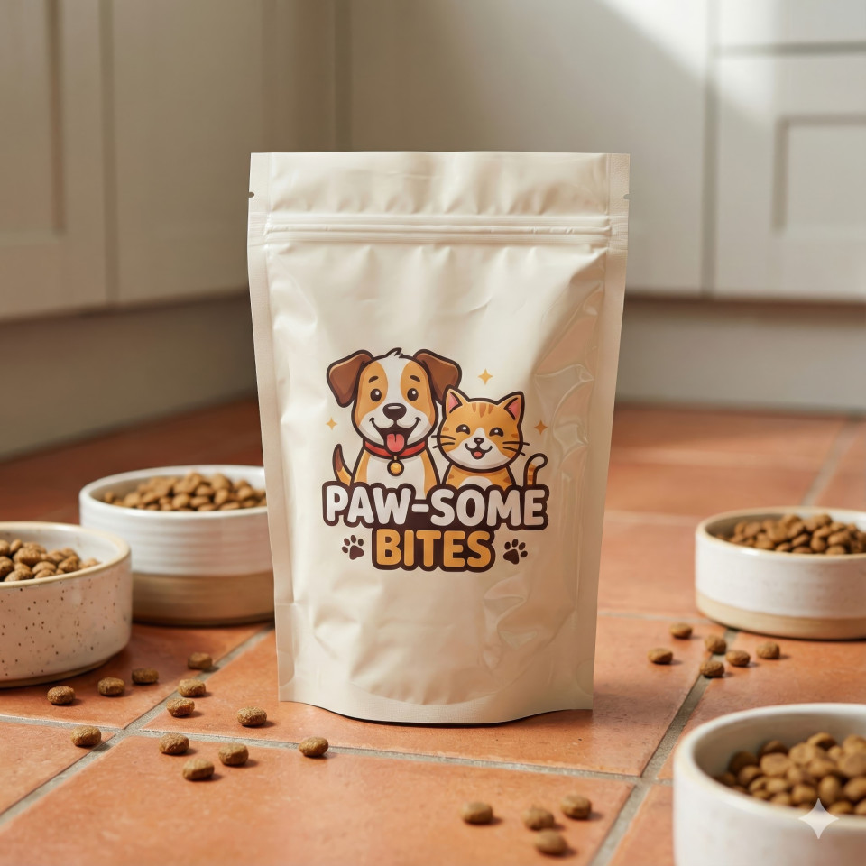 Playful pet food pouch in kitchen setting