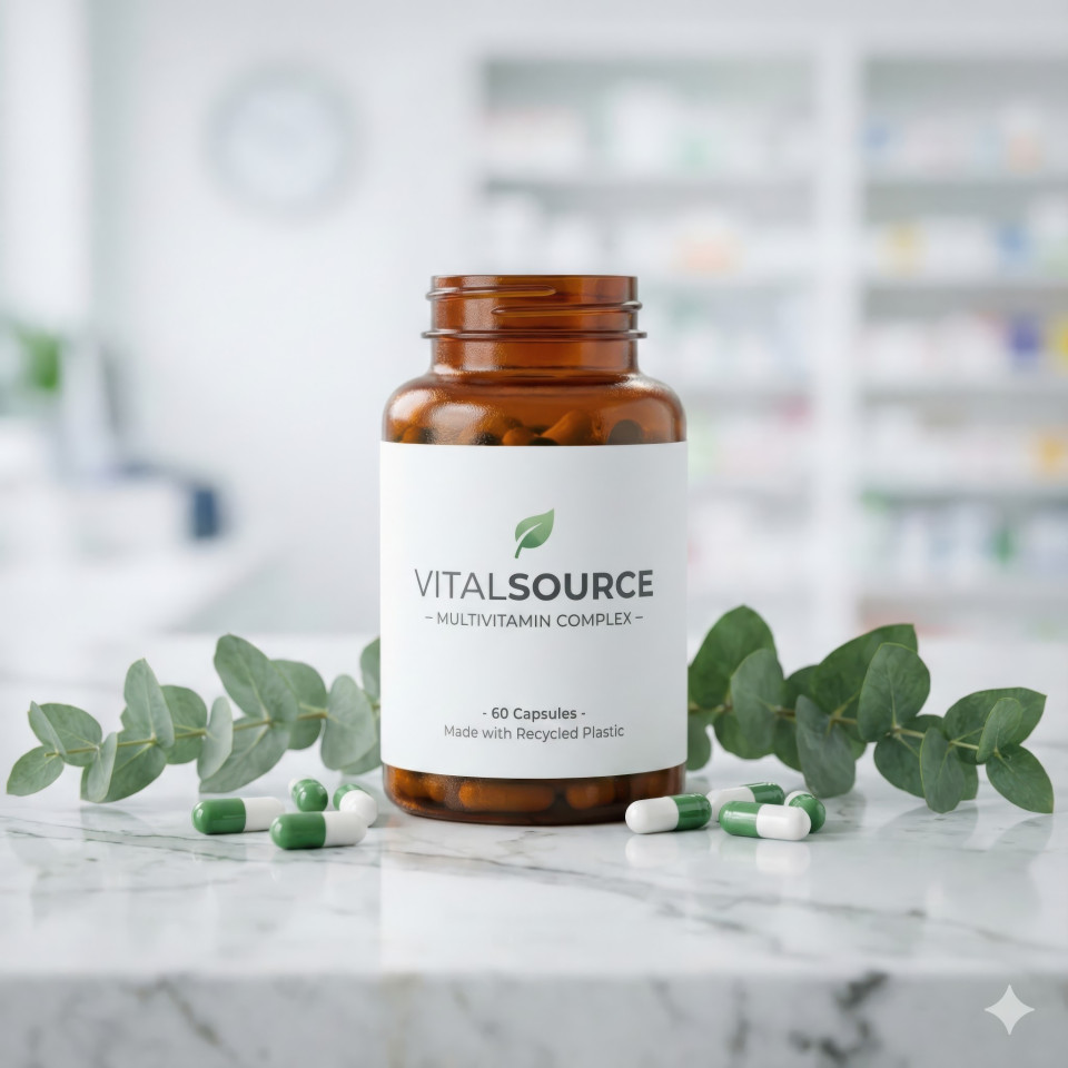 Vitamin supplement bottle on clean countertop with leaves