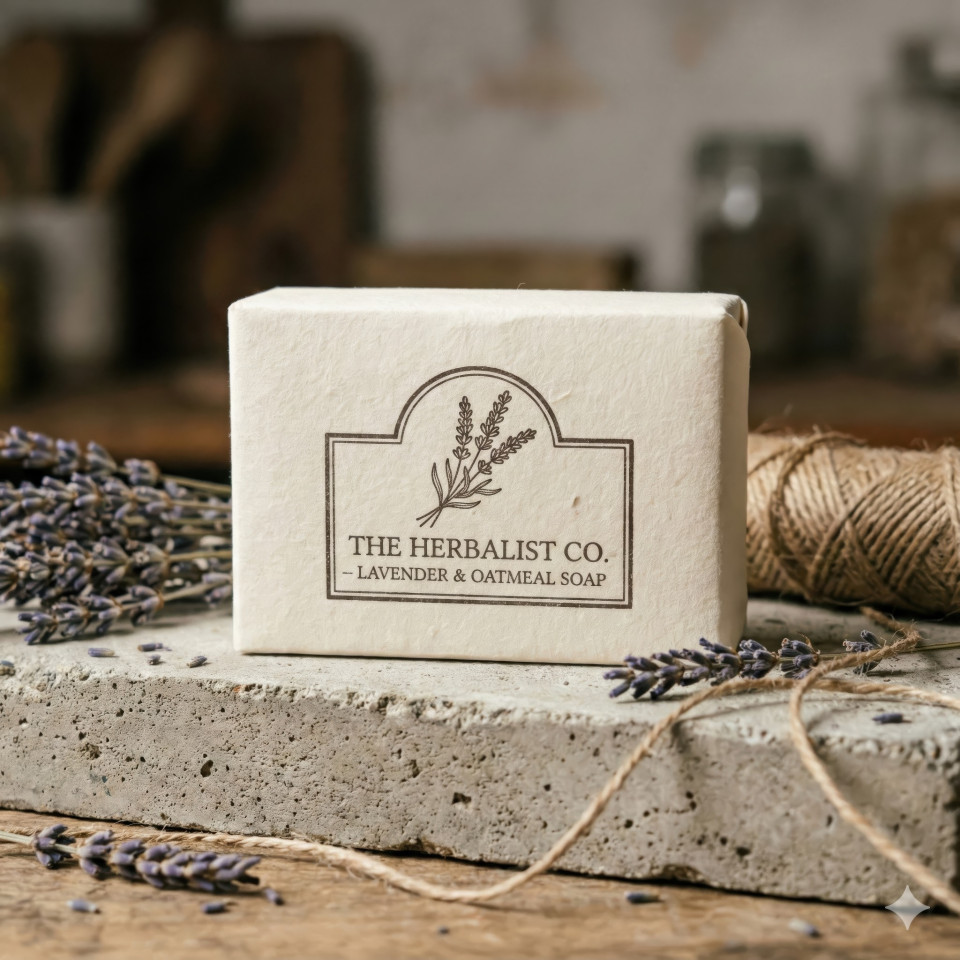 Handmade soap box on concrete with dried lavender