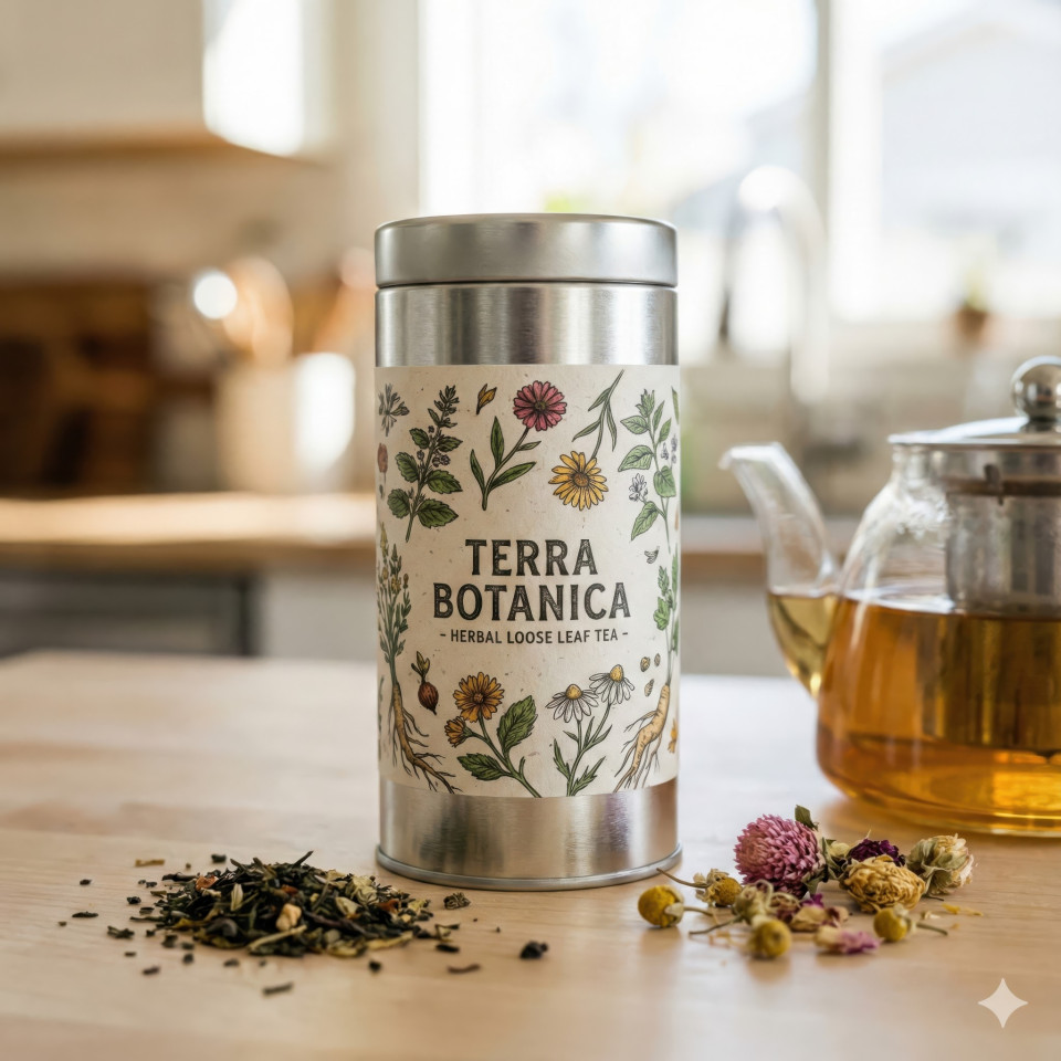 Botanical tea canister with loose leaves on kitchen counter