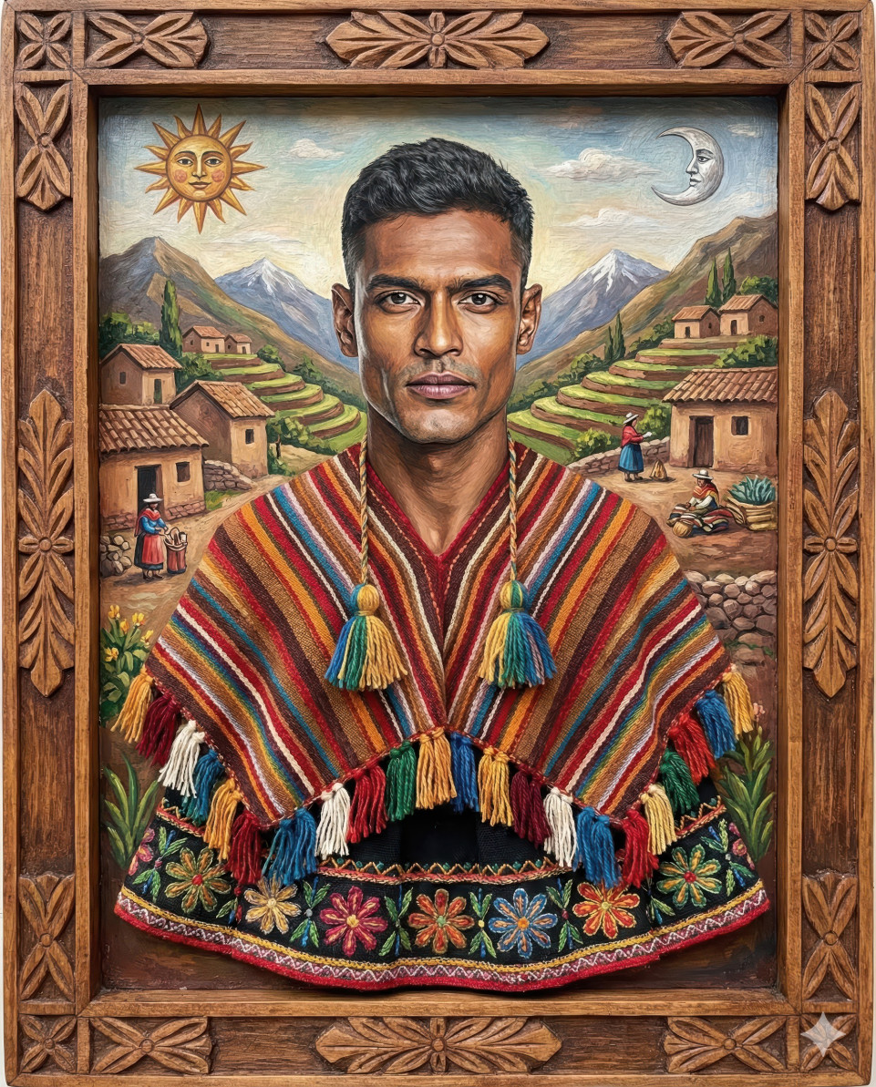 Andean retablo style portrait in mountain village