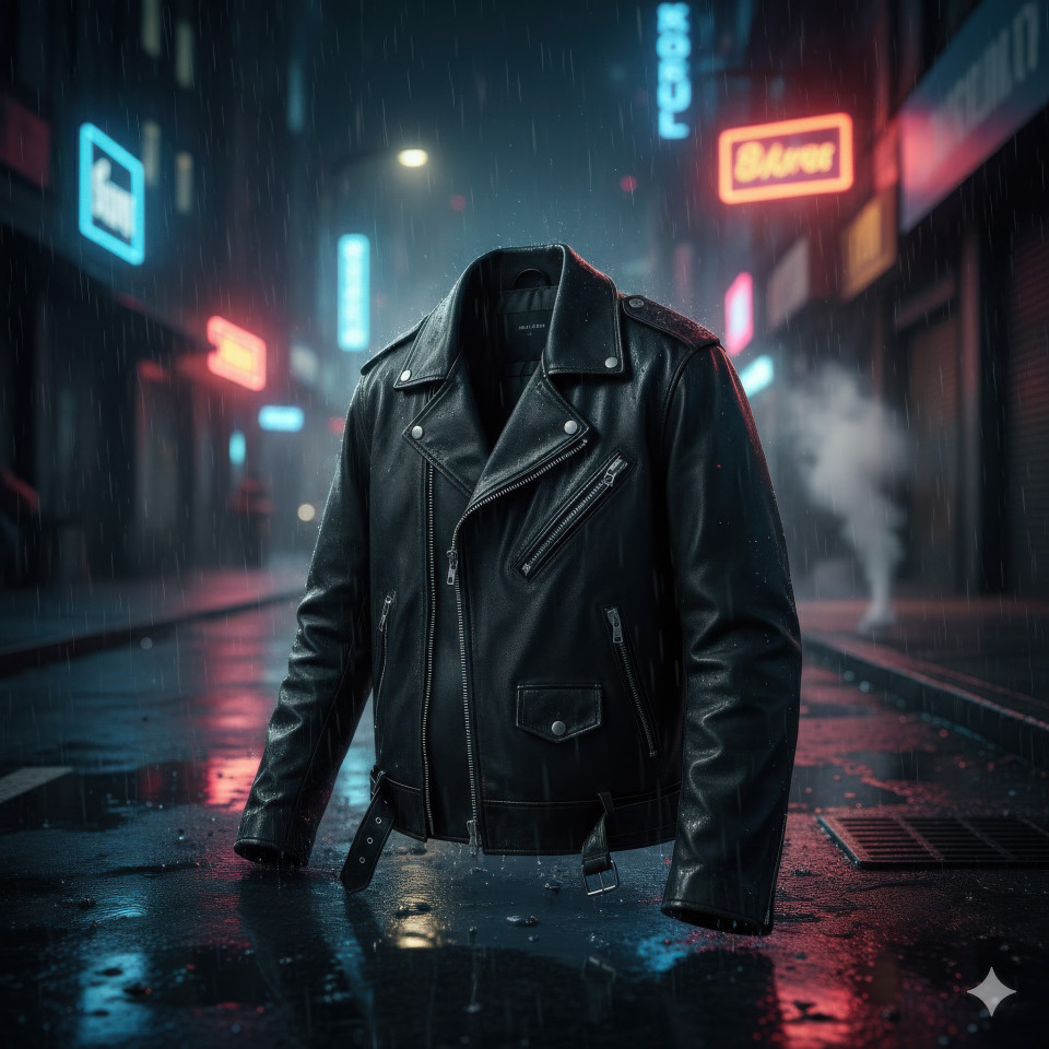 Biker leather jacket on neon lit rainy night street
