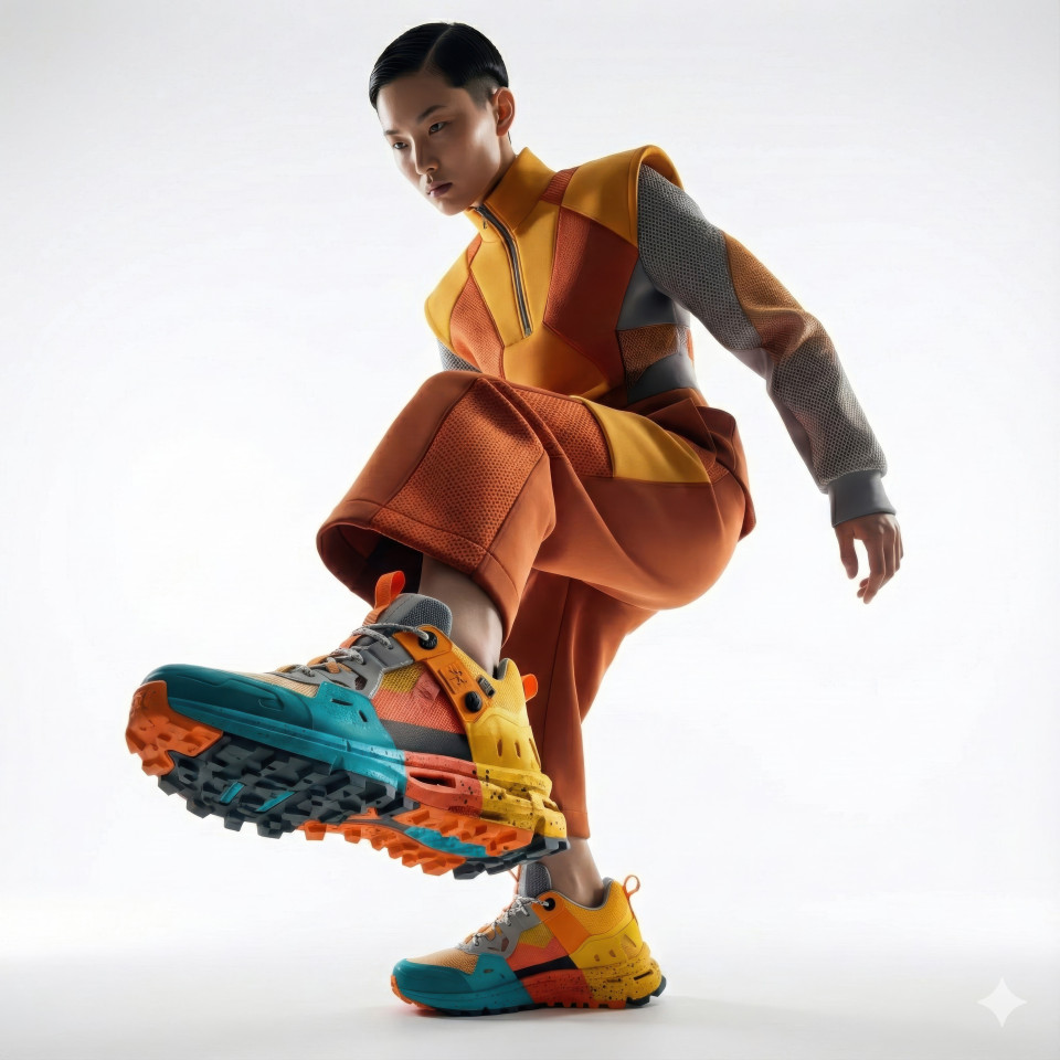 Androgynous model sneakers high-fashion white studio