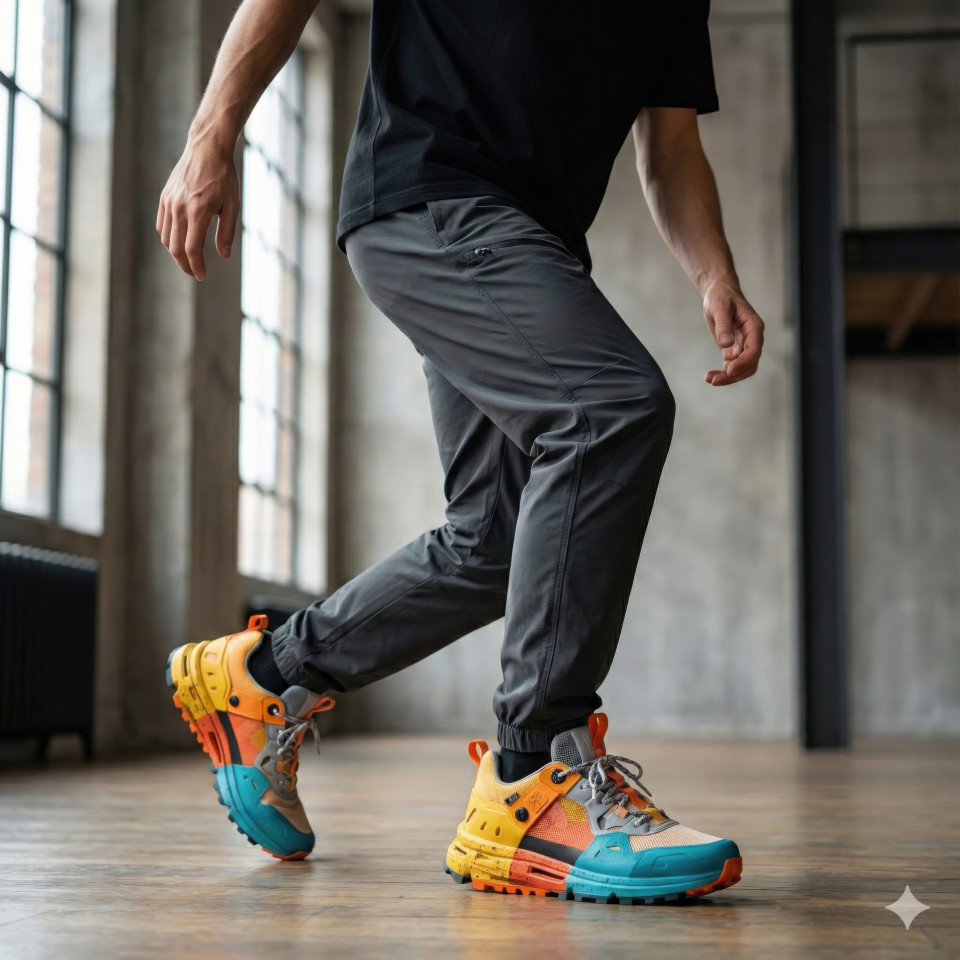 Male model sneakers minimalist studio natural light