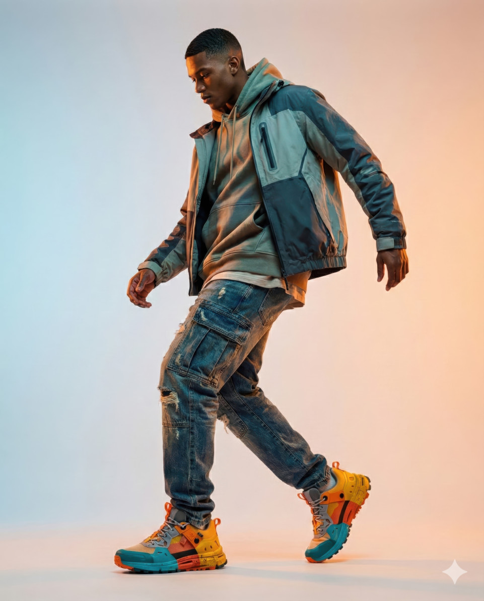 Male model sneakers streetwear pastel studio rim light