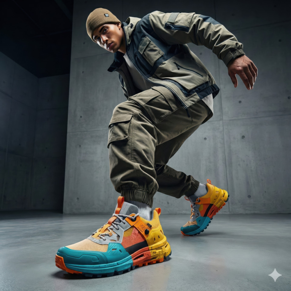 Male model sneakers streetwear studio rim light shoot