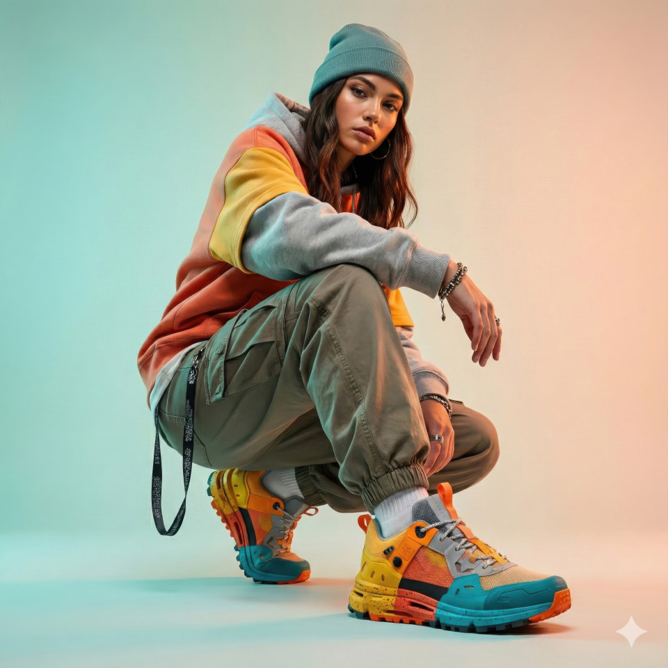 Female model sneakers streetwear studio rim light