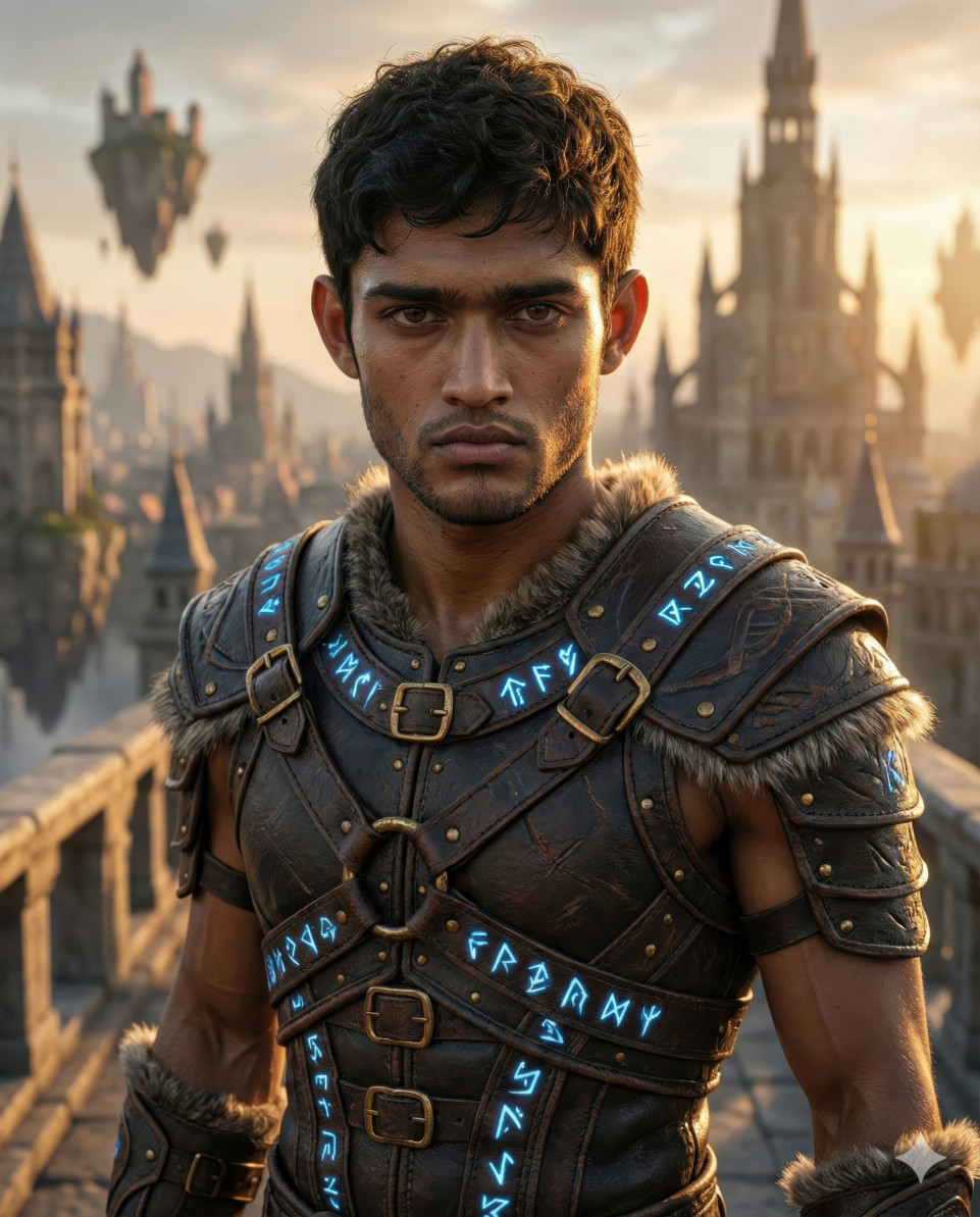 Mythic fantasy warrior portrait in sky bridge city