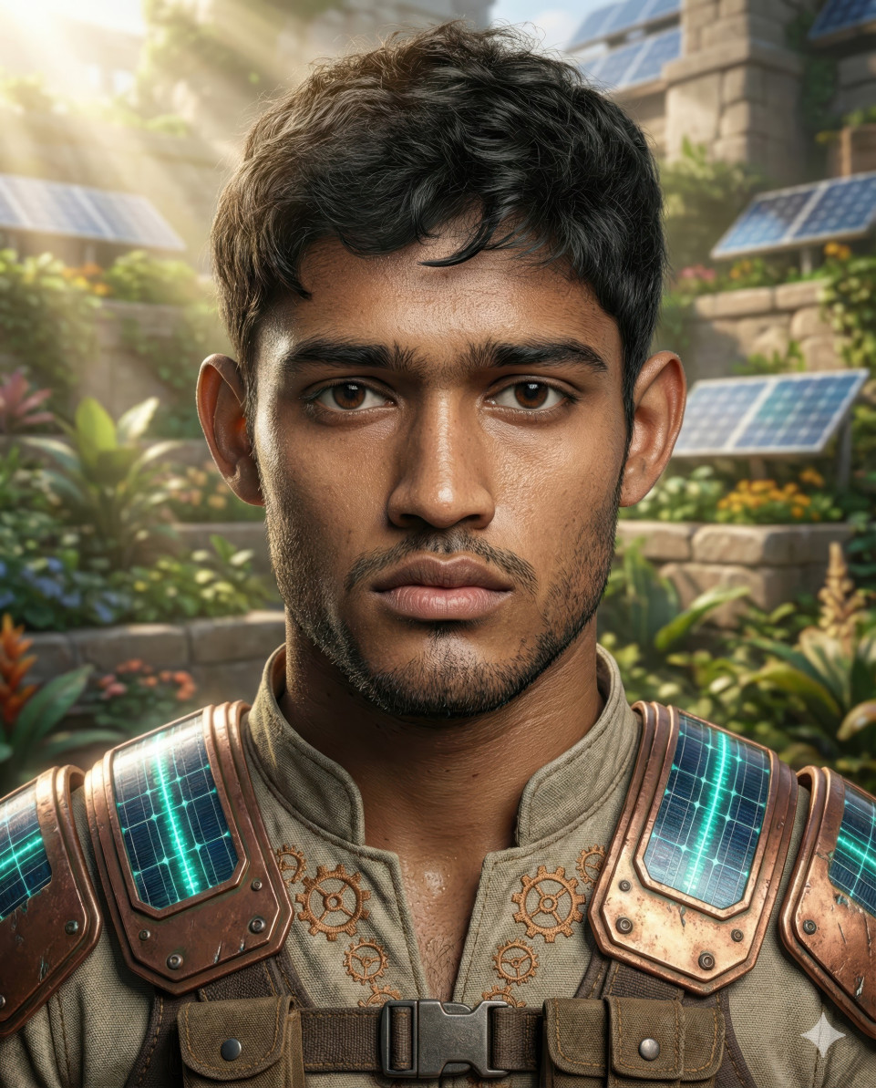 Solar punk hero portrait in sun garden city