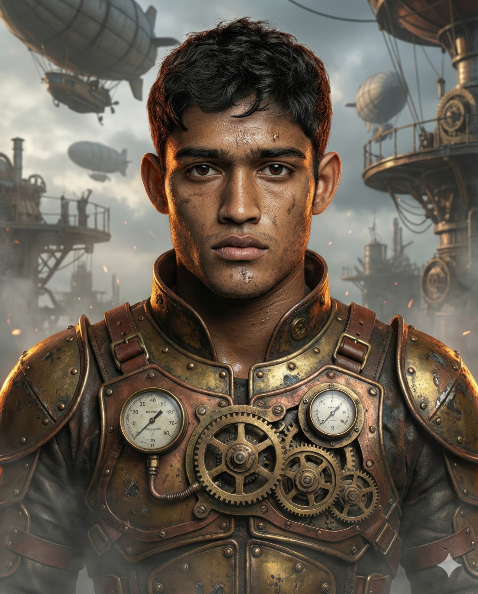 Steampunk warrior portrait in foggy skyport