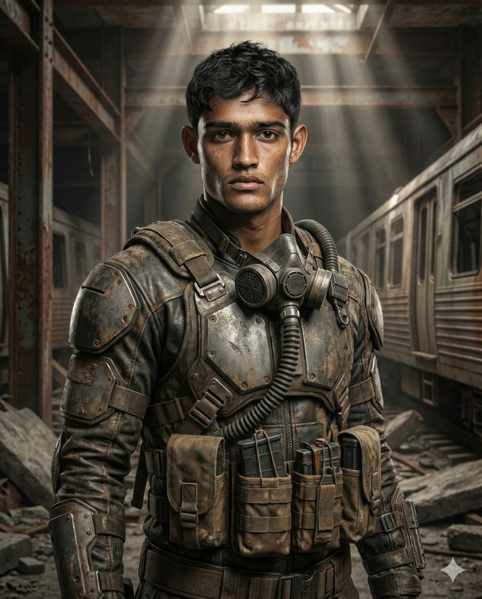 Post apocalyptic raider portrait in underground vault