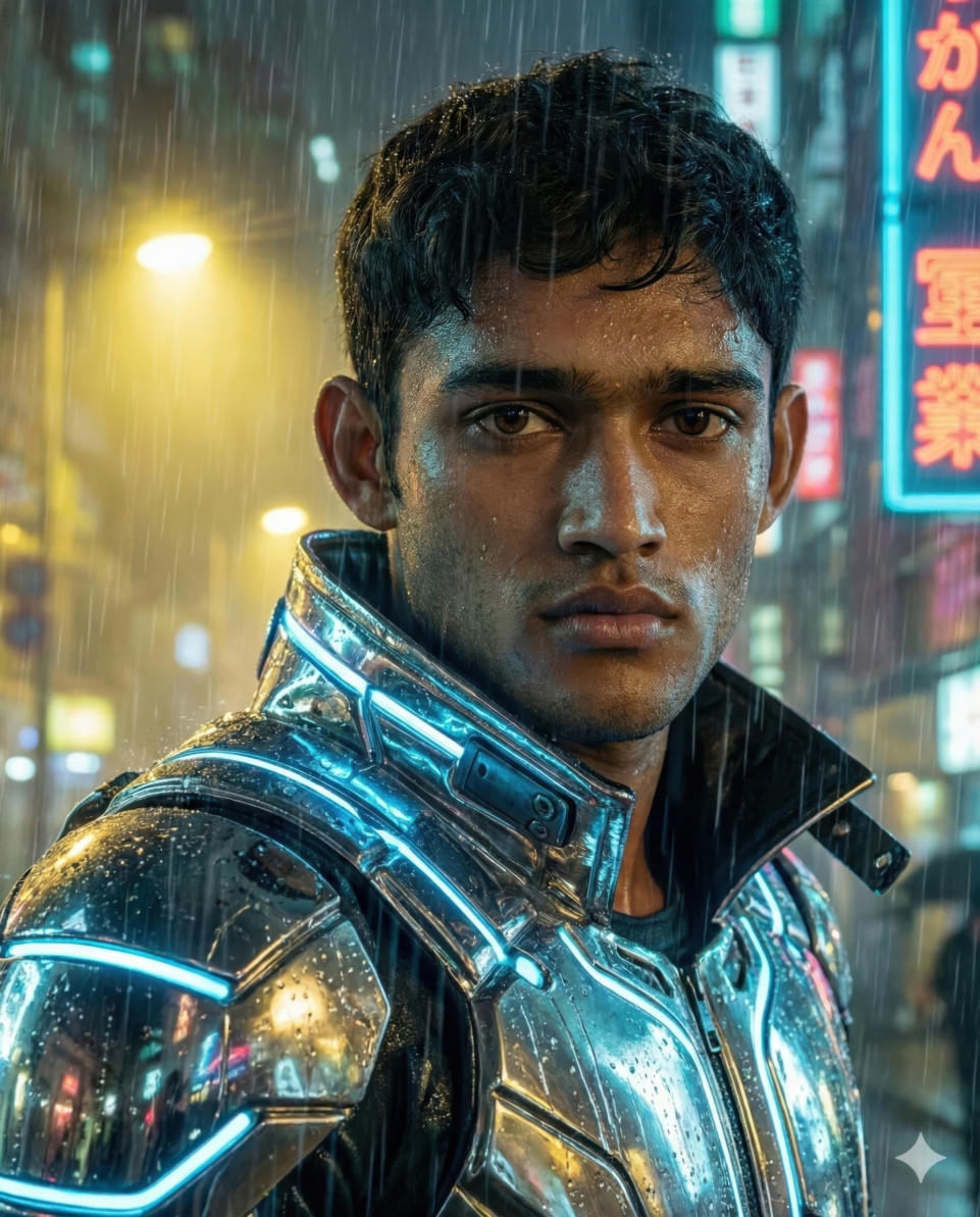 Retro futurist noir hero in neon megacity