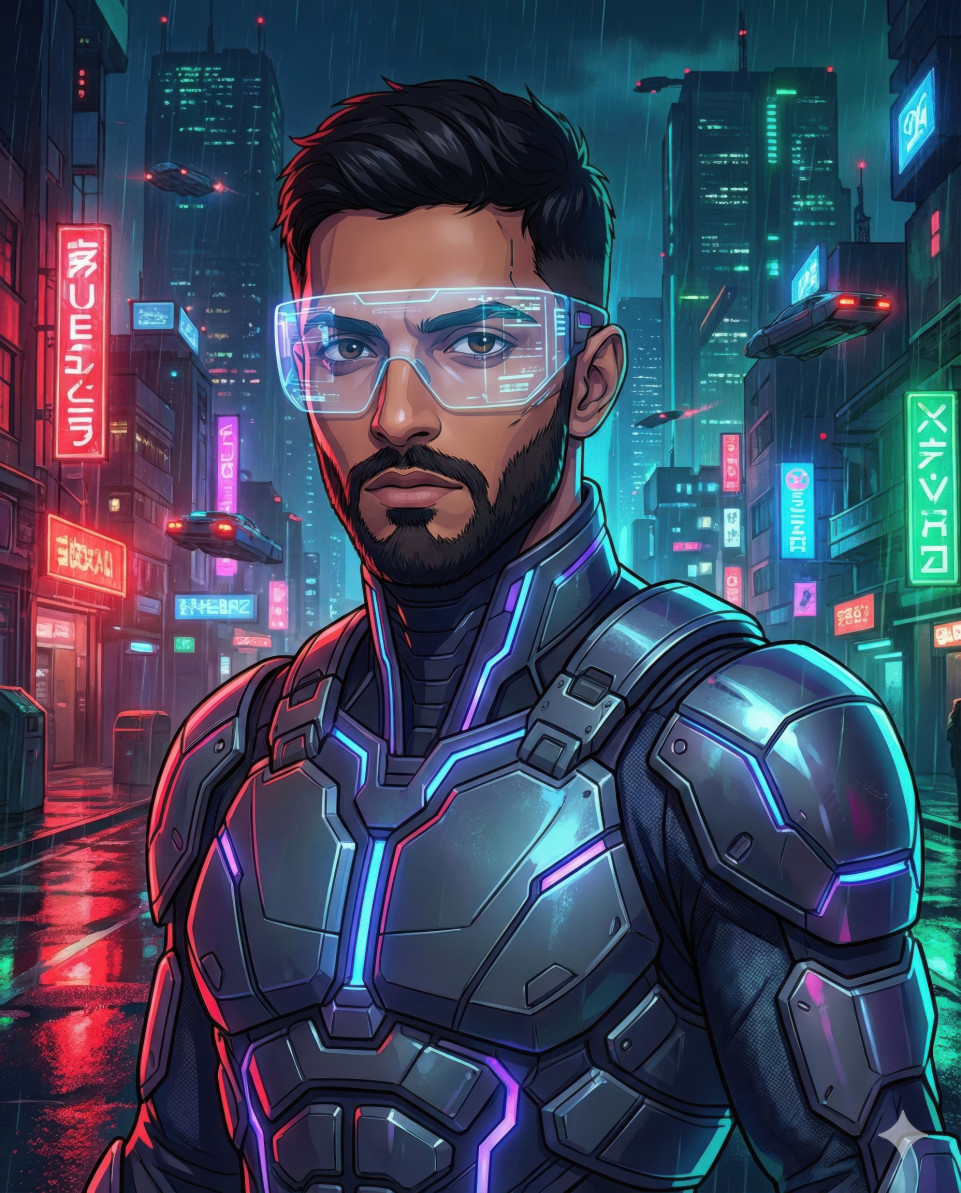 Cyberpunk anime man in futuristic armor with neon city google gemini prompt