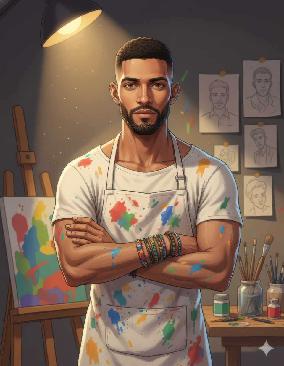 Cartoon artist portrait in creative studio setting google gemini prompt