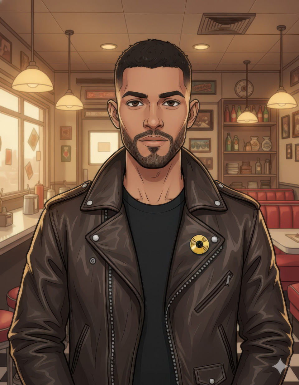 Cartoon style man in vintage jacket at retro diner google gemini prompt