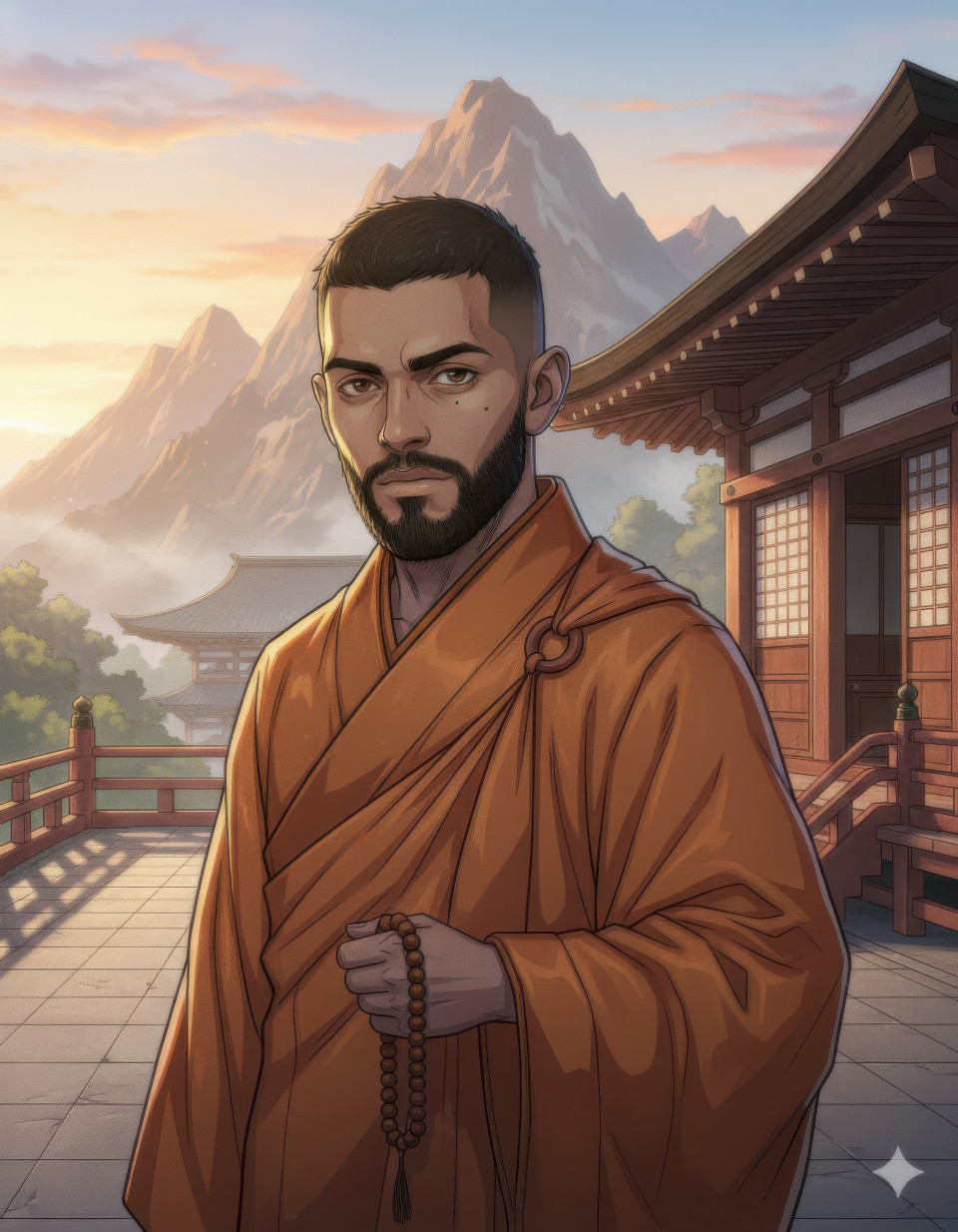Anime style monk portrait on mountain temple terrace google gemini prompt