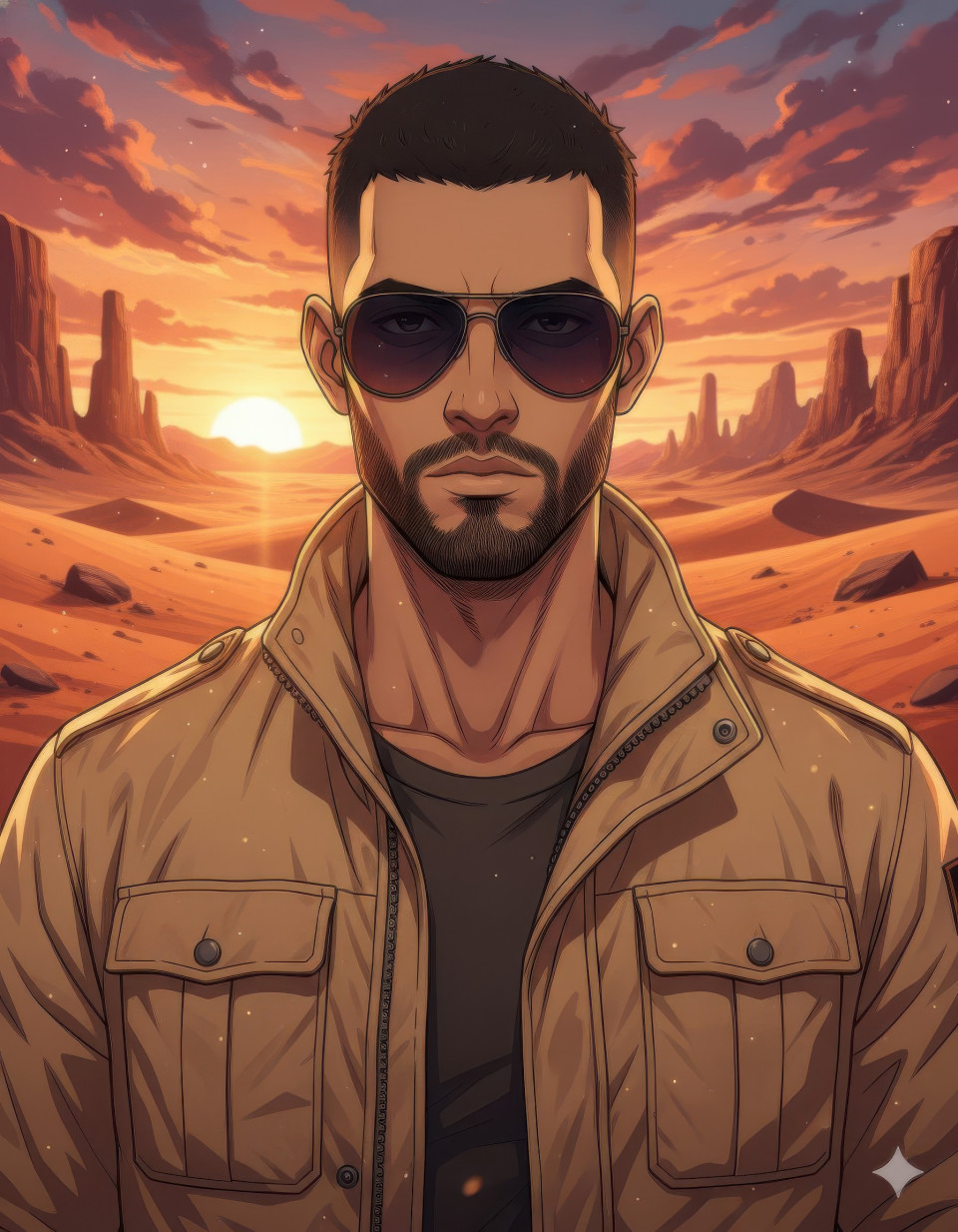 Anime style adventurous man in desert sunset landscape google gemini prompt
