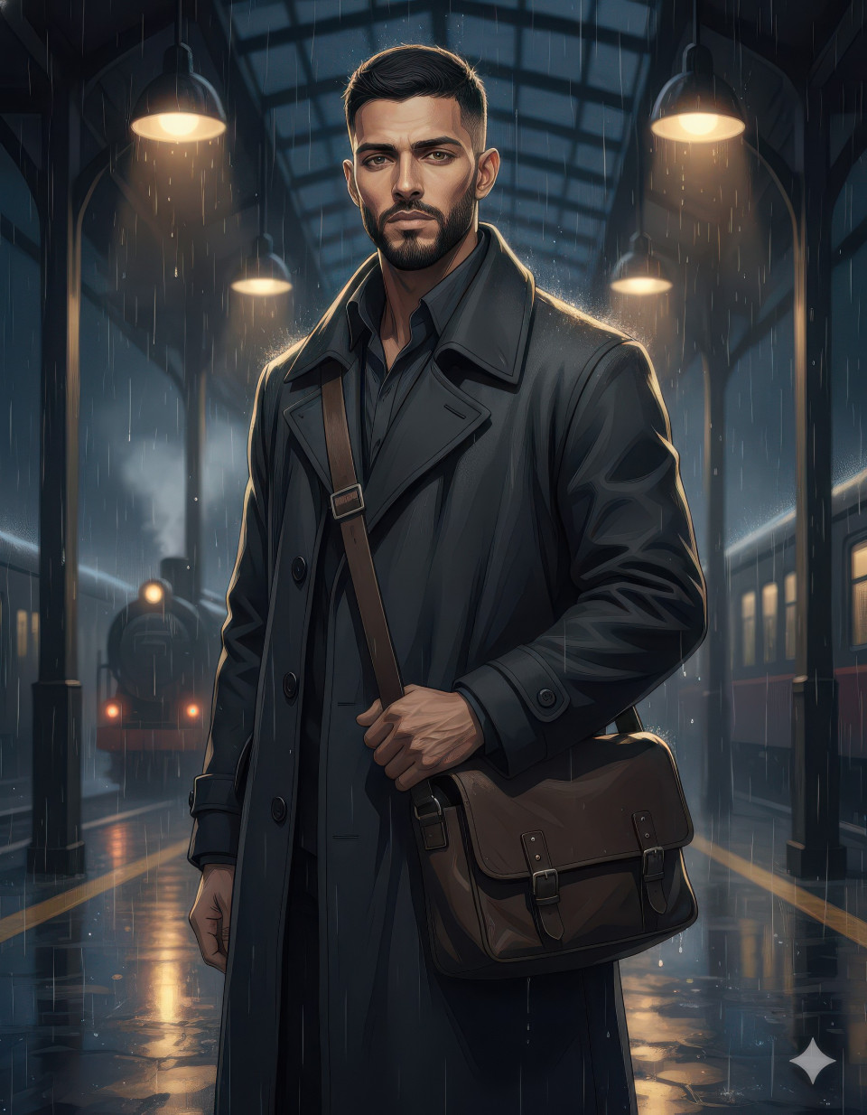 Anime style young man at rainy train station platform google gemini prompt