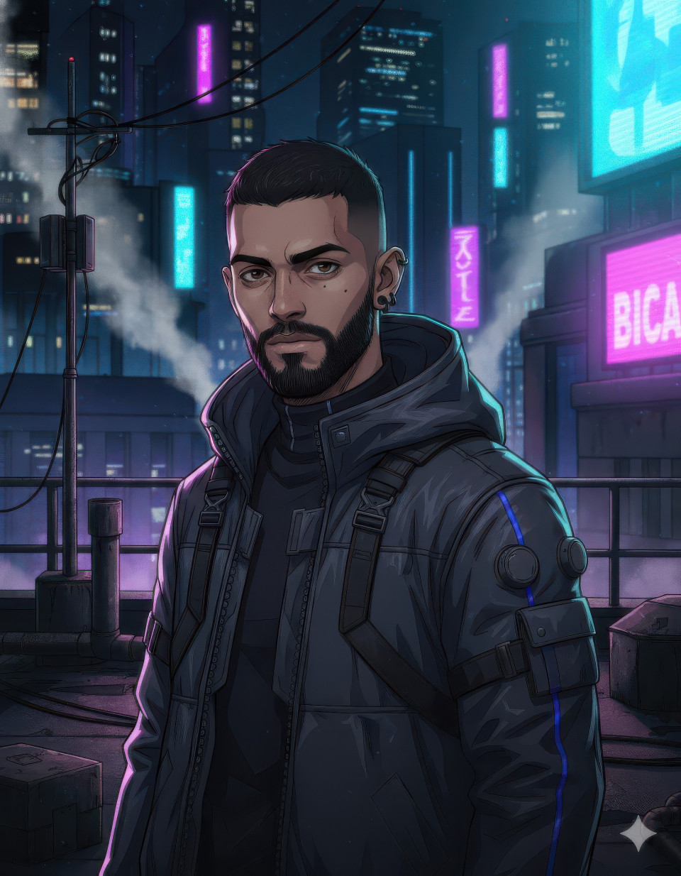 Anime style techwear man on neon lit rooftop google gemini prompt
