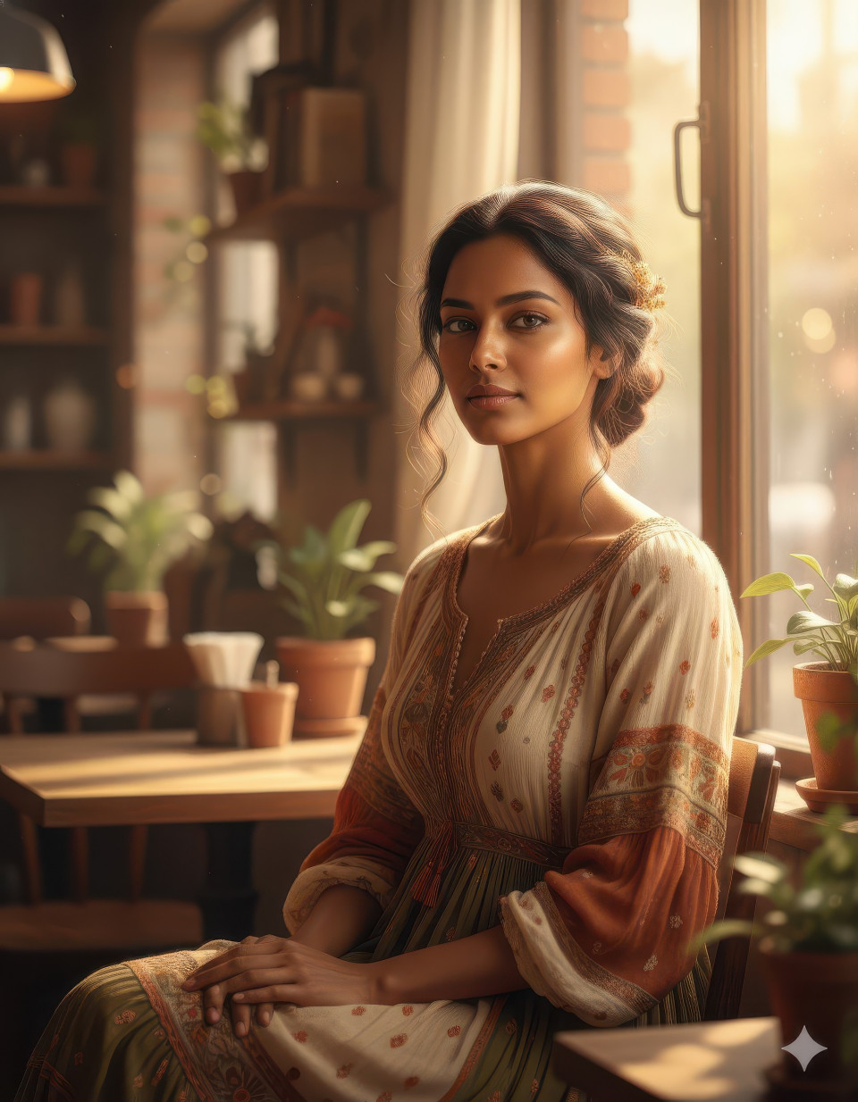 Cinematic portrait of woman in bohemian dress cozy caf? google gemini prompt
