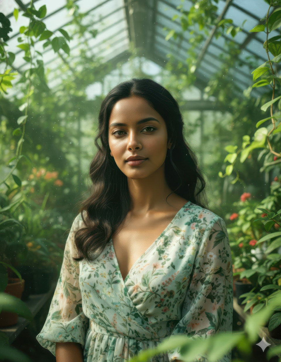 Cinematic portrait of woman in light floral dress morning greenhouse google gemini prompt