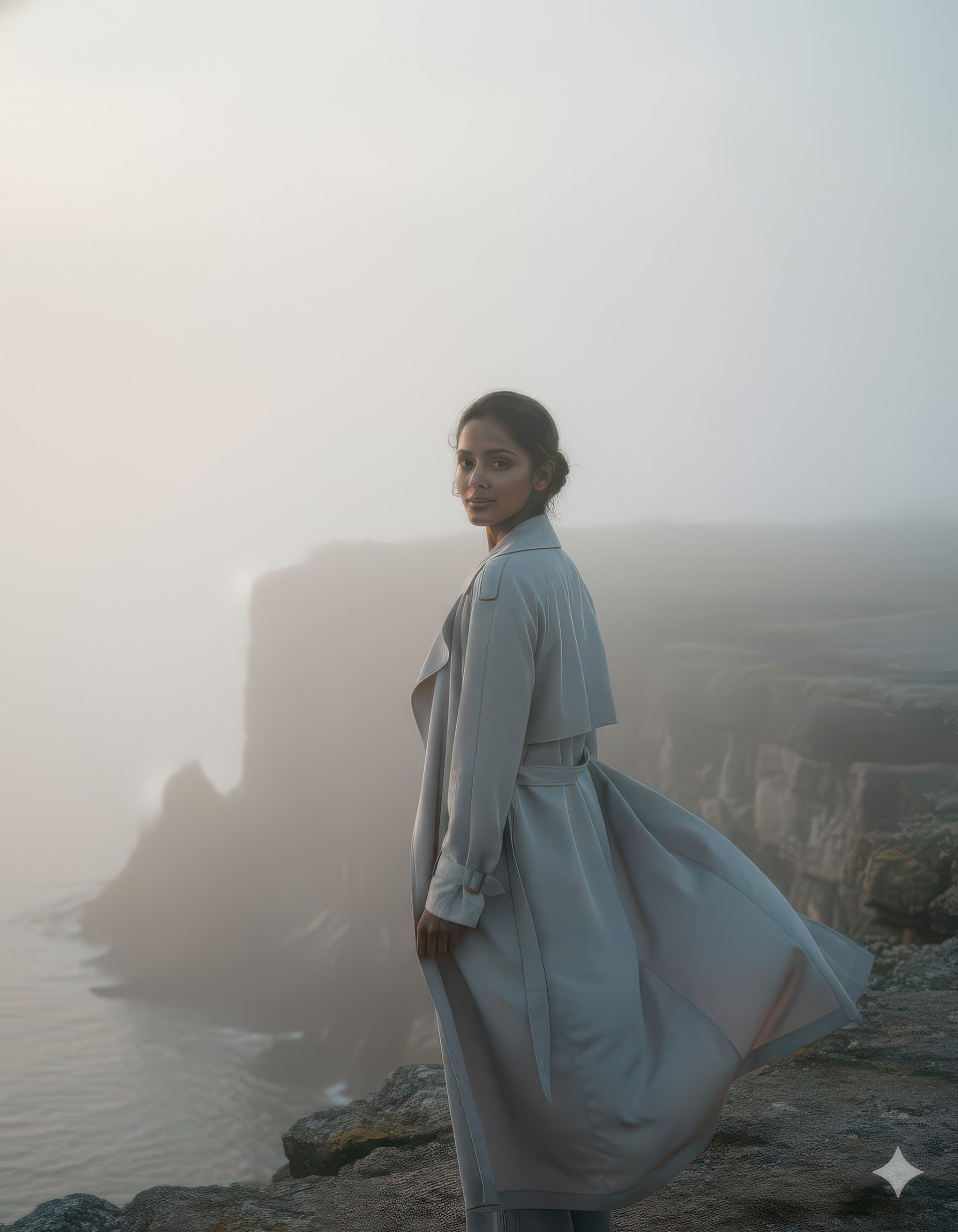 Cinematic portrait of woman in flowing trench coat foggy cliff google gemini prompt