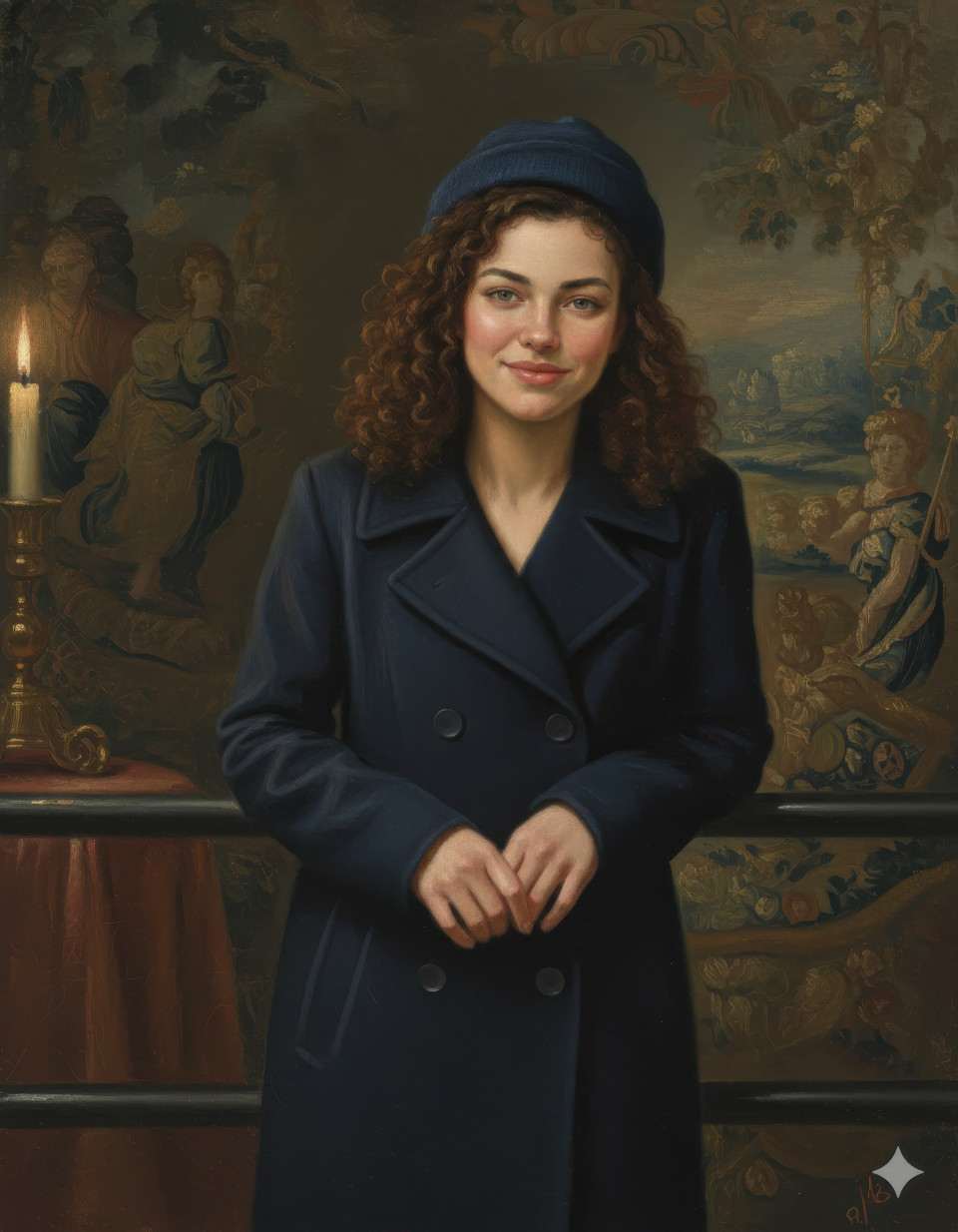 Baroque tempera painting portrait of woman in candlelit studio glow google gemini prompt